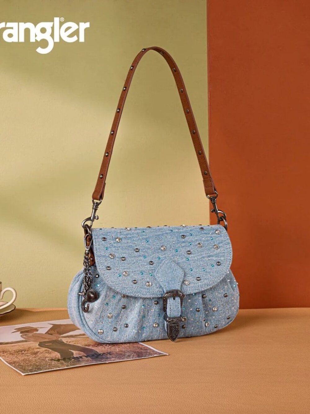 Wrangler Western Rhinestone Denim Flap Crossbody Shoulder Bag Jean